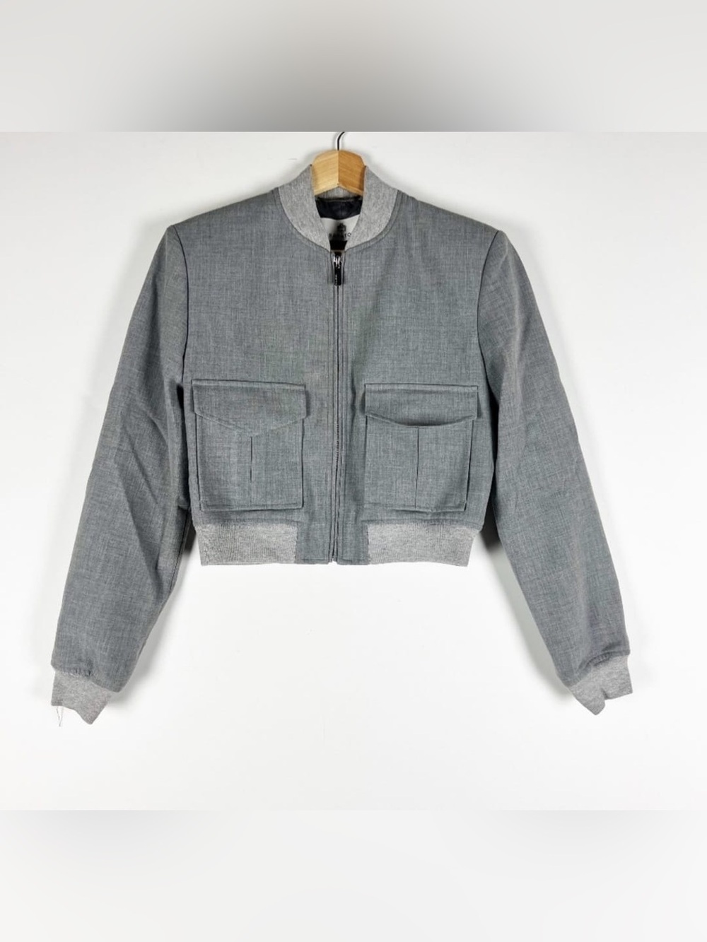 Babaton Light Gray Cropped Bomber Jacket